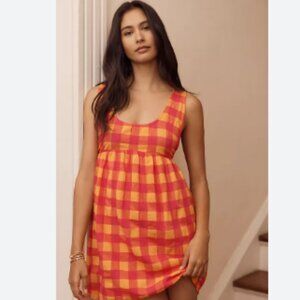 By Anthropologie Cottage Core Checkered Tangerine Apron Mini Nap Dress Size XL